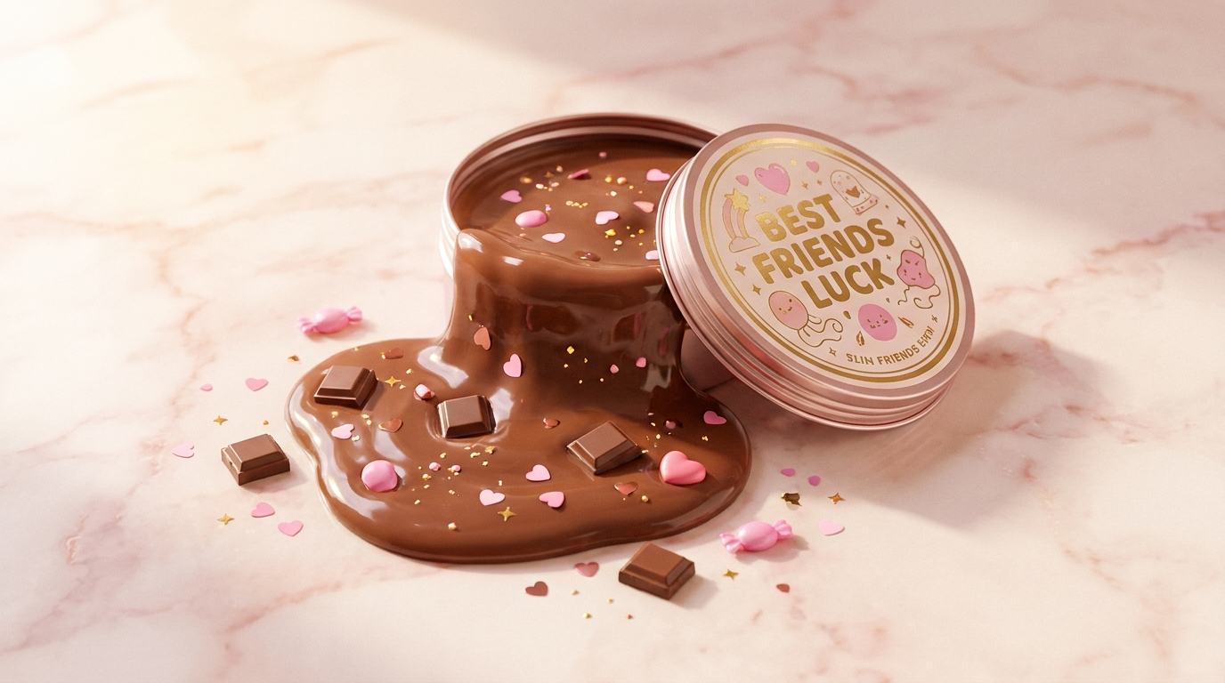 Open Best Friends Luck tin with chocolate slime spilling onto pink marble