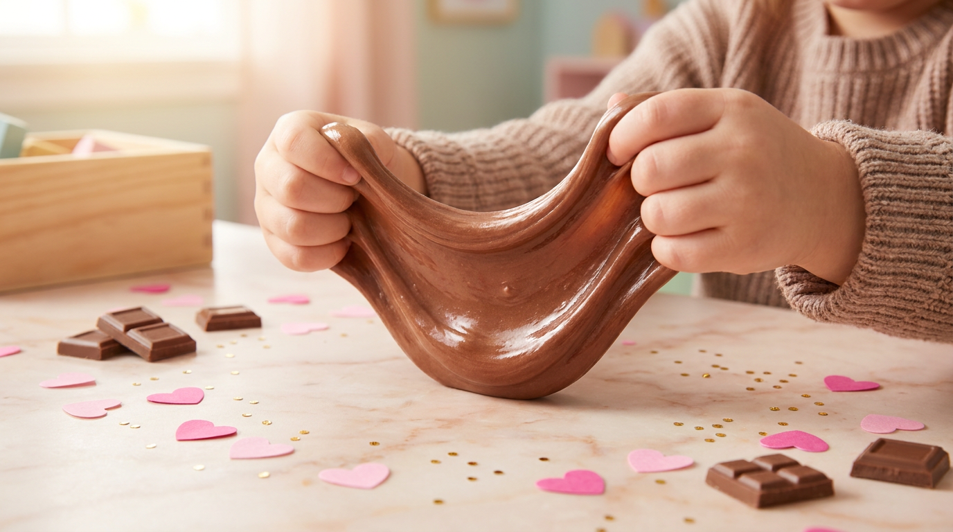 Stretchy chocolate slime being pulled between two kid hands